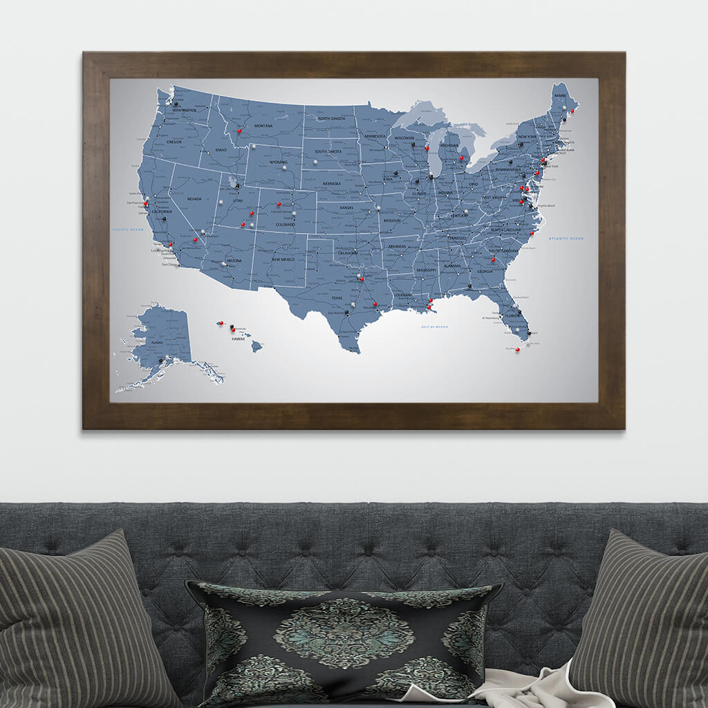 Blue Ice USA Push Pin Travel Map in Rustic Brown Frame