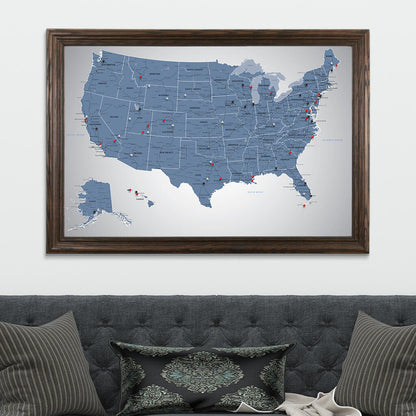 Blue Ice USA Push Pin Travel Map in Solid Wood Brown