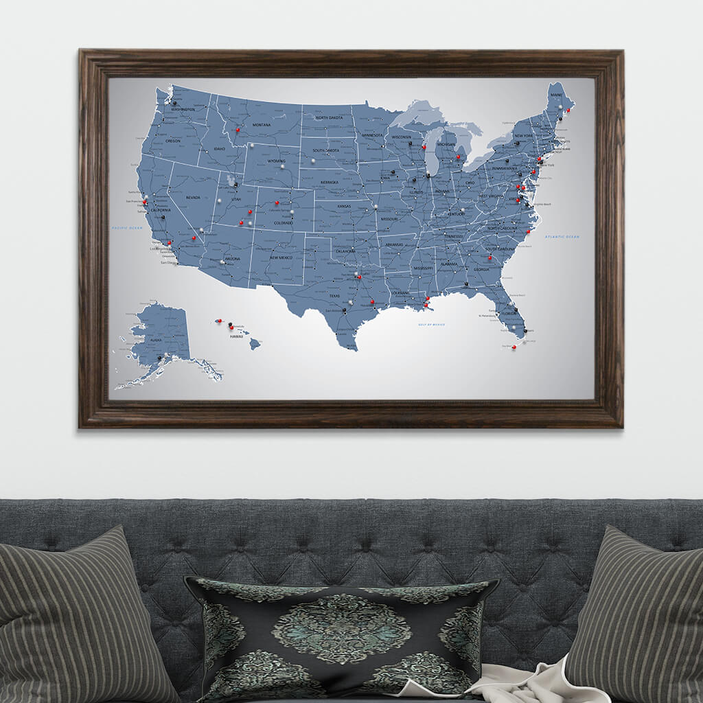 Blue Ice USA Push Pin Travel Map in Solid Wood Brown