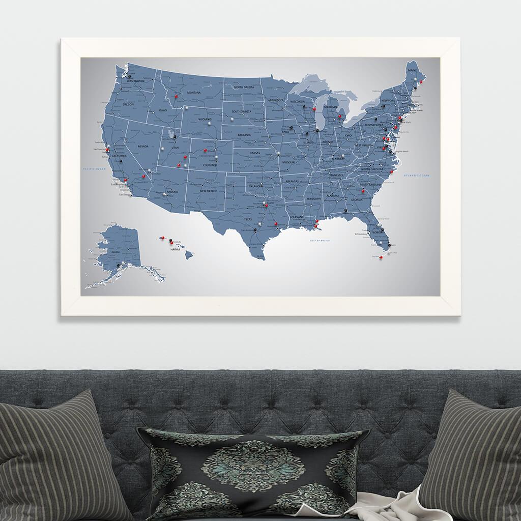 Blue Ice USA Push Pin Travel Map with Textured White Frame