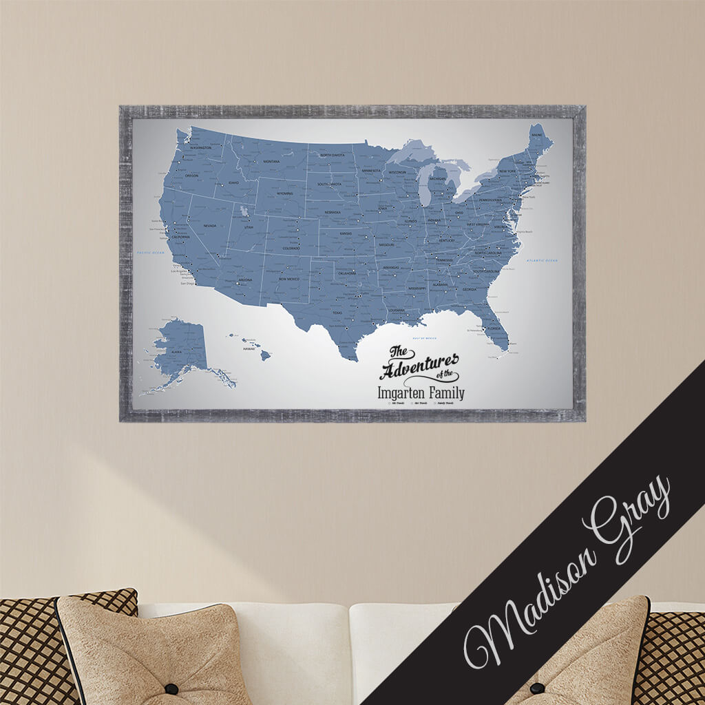 Framed Canvas Blue Ice US Travel Map in Premium Madison Gray Frame
