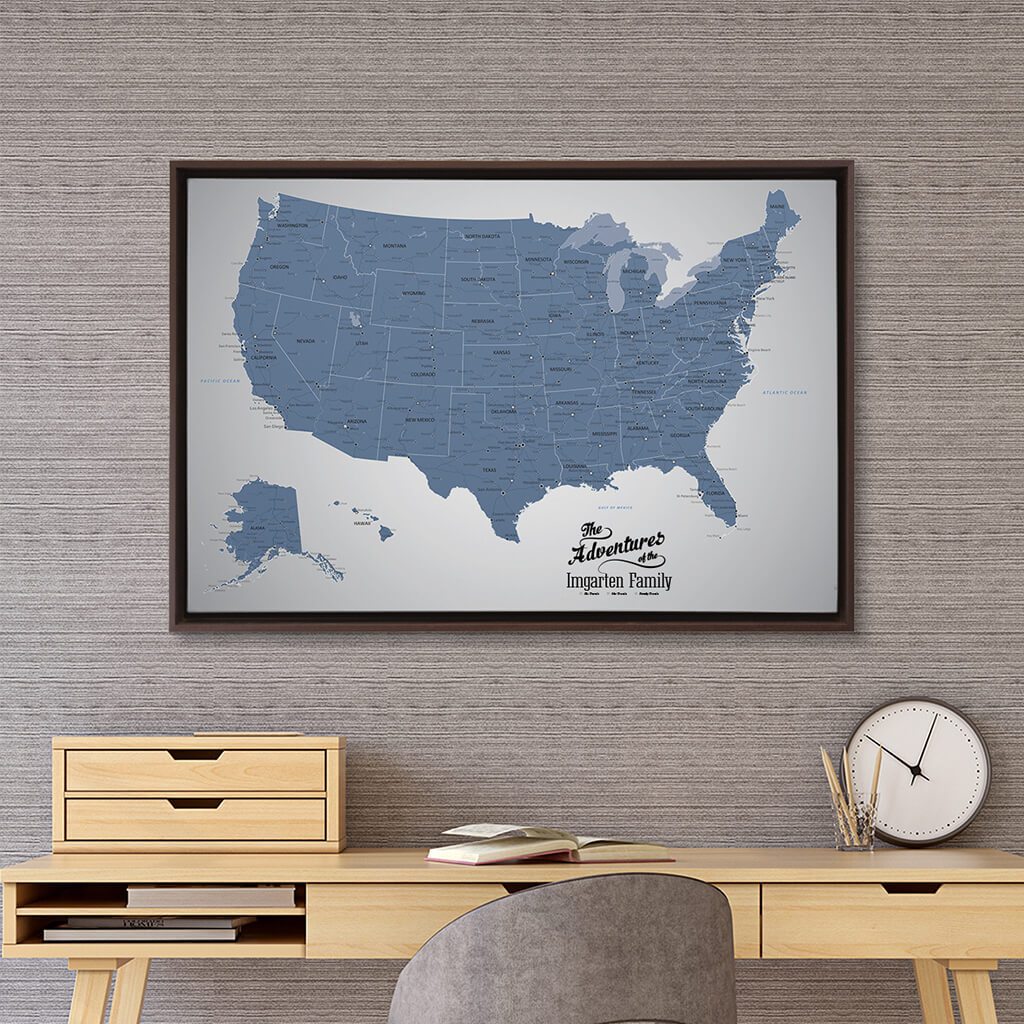 Brown Float Frame -24x36 Gallery Wrapped Canvas Blue Ice USA Map