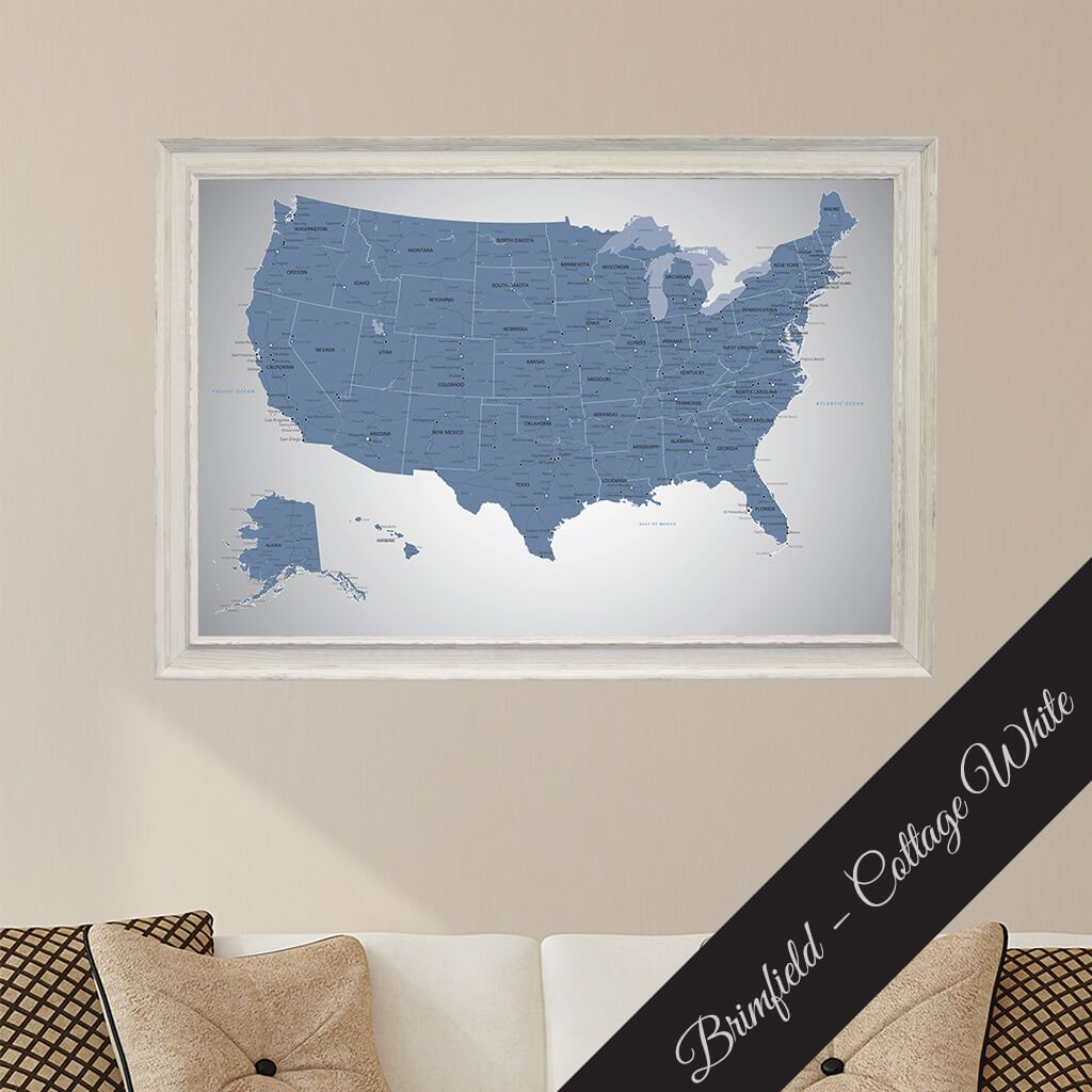 Framed Canvas Blue Ice US Travelers Map with Pins Premium Brimfield Cottage White Frame