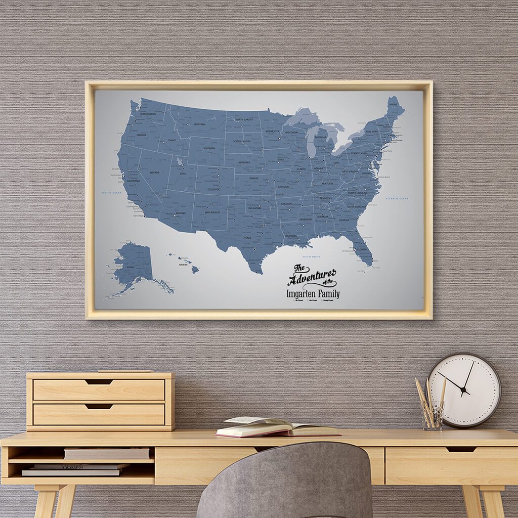 Natural Tan Float Frame - 24x36 Gallery Wrapped Canvas Blue Ice USA Map