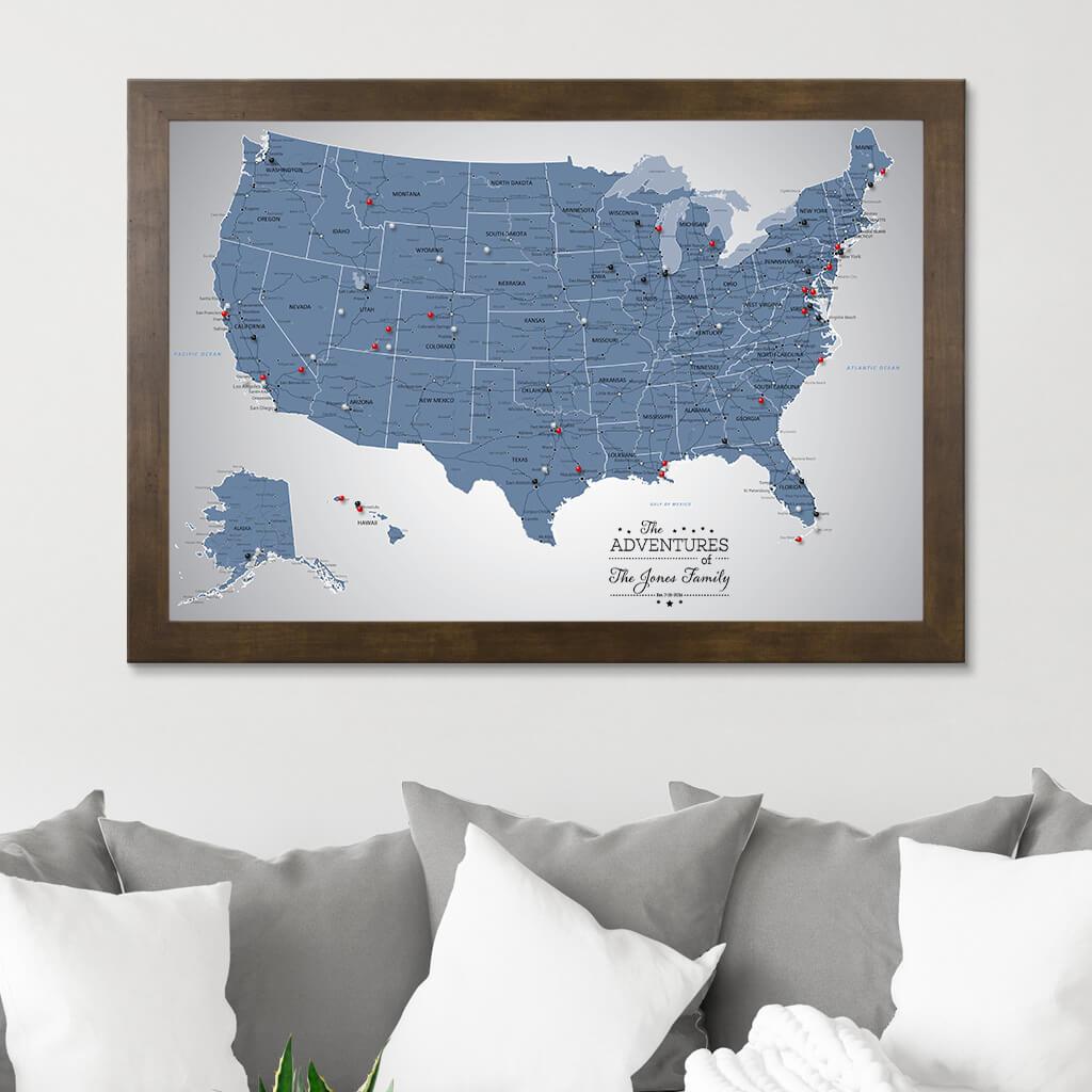 Framed Canvas Blue Ice US Travelers Map with Pins Rustic Brown Frame