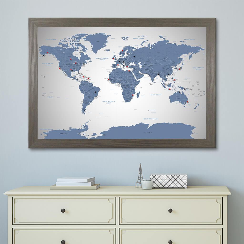 Blue Ice World Travel Map with Barnwood Gray Frame