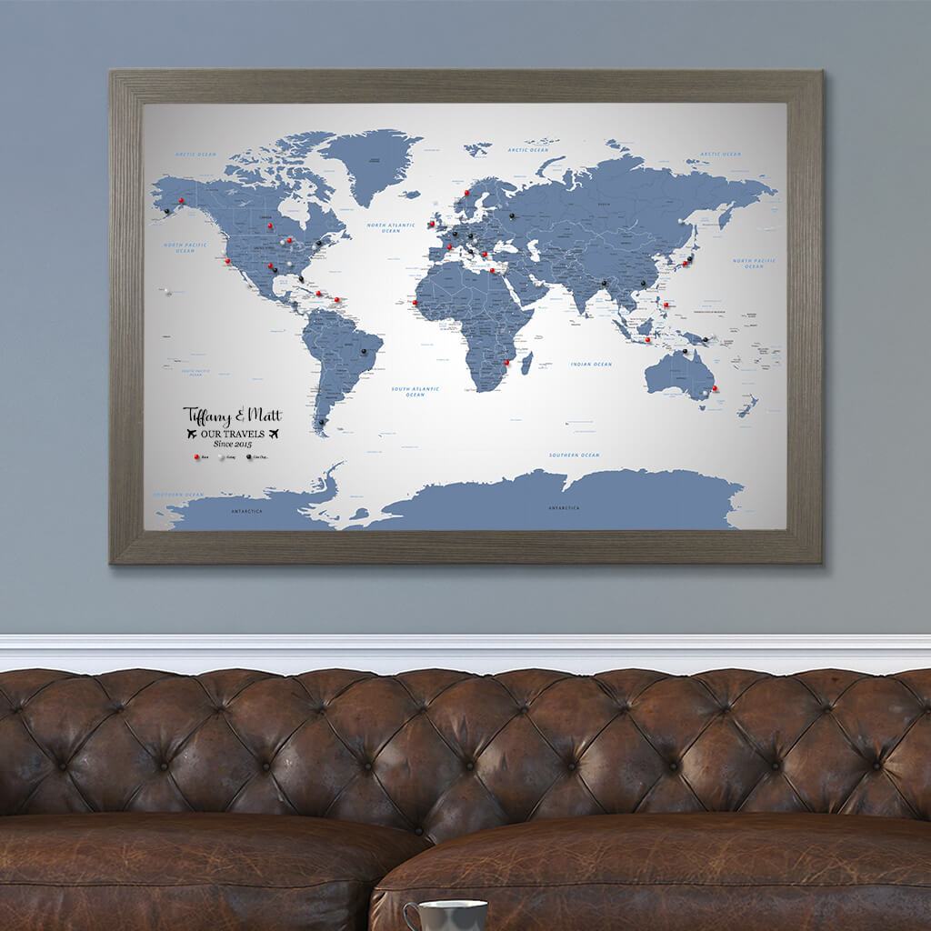 Canvas Blue Ice World Pin Travel Map in Barnwood Gray Frame