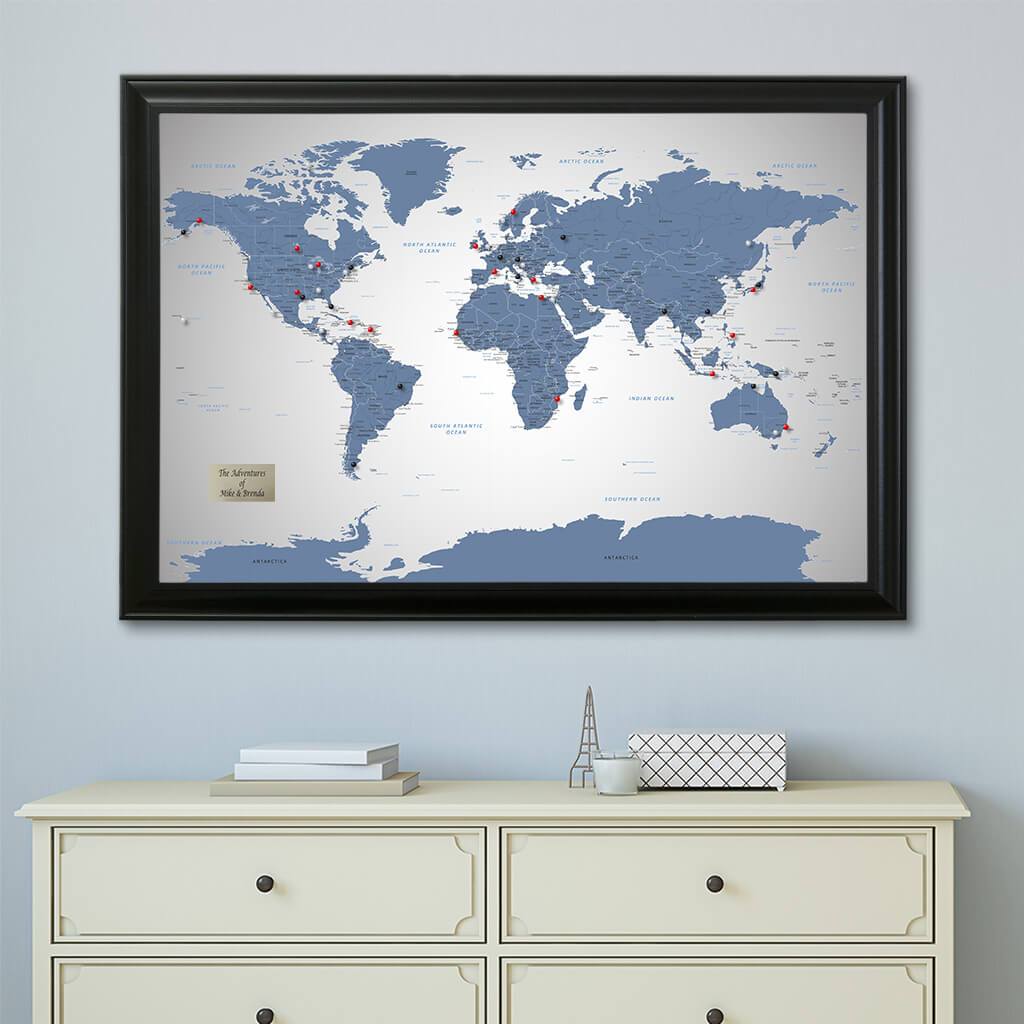 Blue Ice World Travel Map with Black Frame