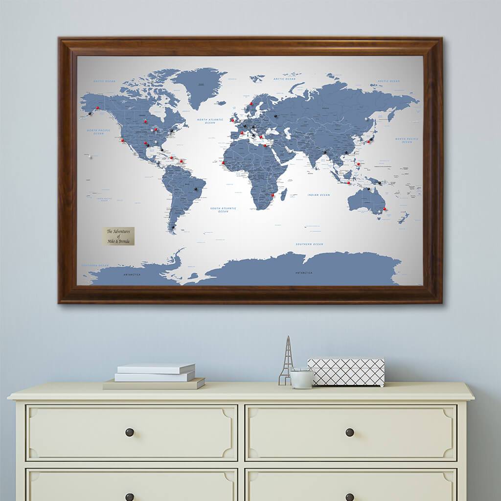 Blue Ice World Travel Map with Brown Frame