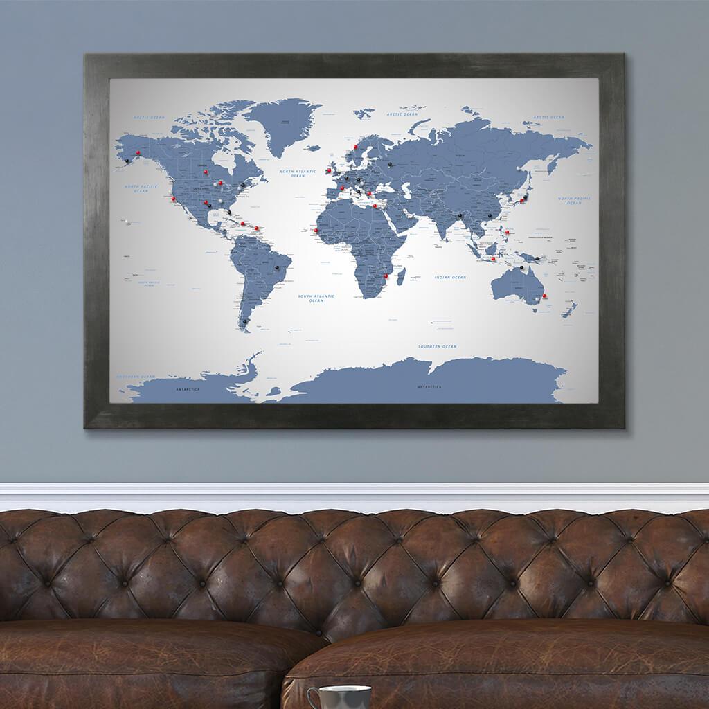 Canvas Blue Ice World Push Pin Map in Rustic Black Frame
