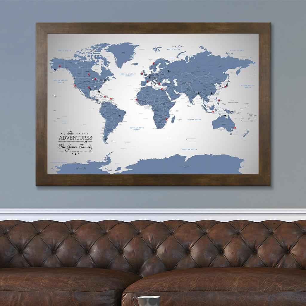 Canvas Blue Ice World Pin Map with Rustic Brown Frame