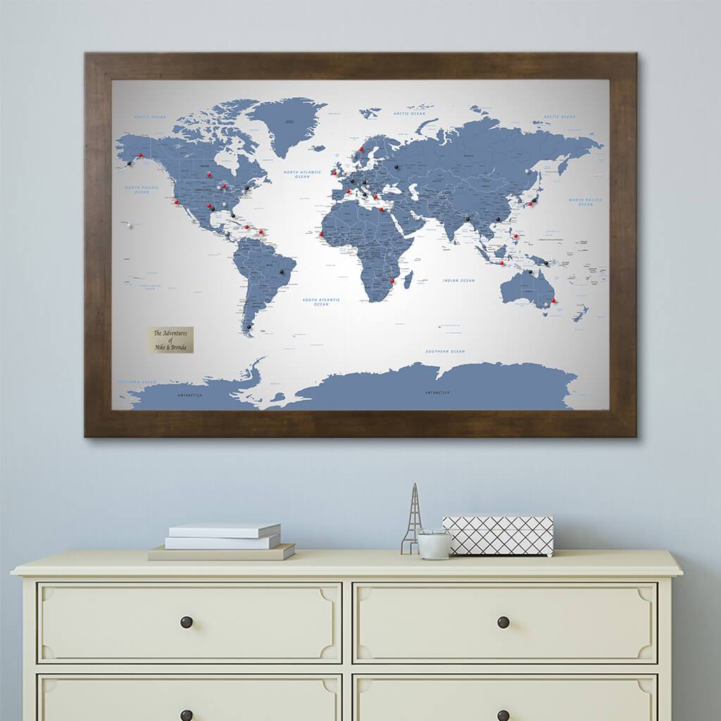 Blue Ice World Travel Map with Rustic Brown Frame