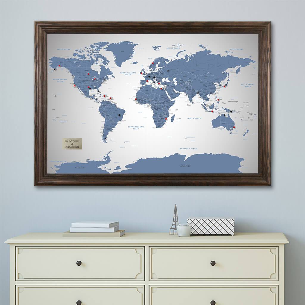 Blue Ice World Travel Map with Solid Wood Brown Frame