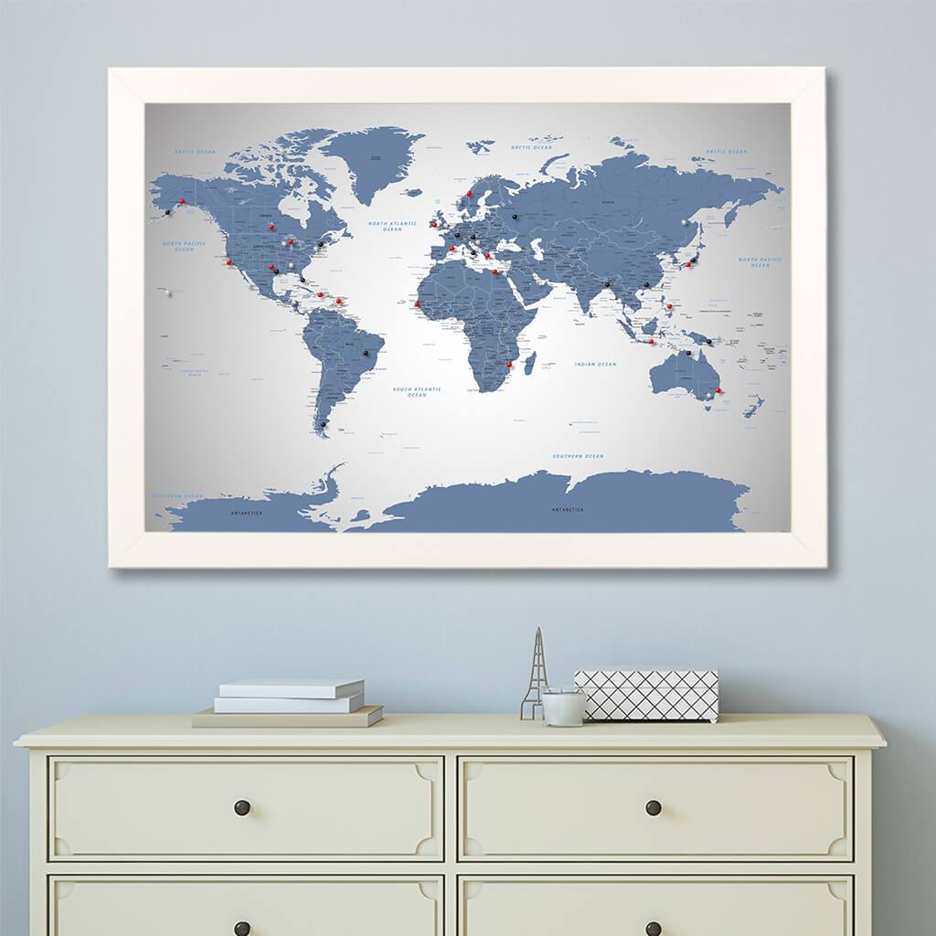Blue Ice World Travel Map with Textured White Frame