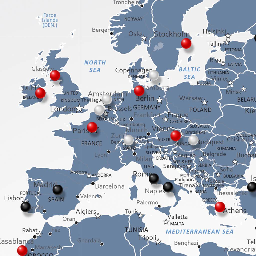 Closeup of Europe on Blue Ice World Travel Map