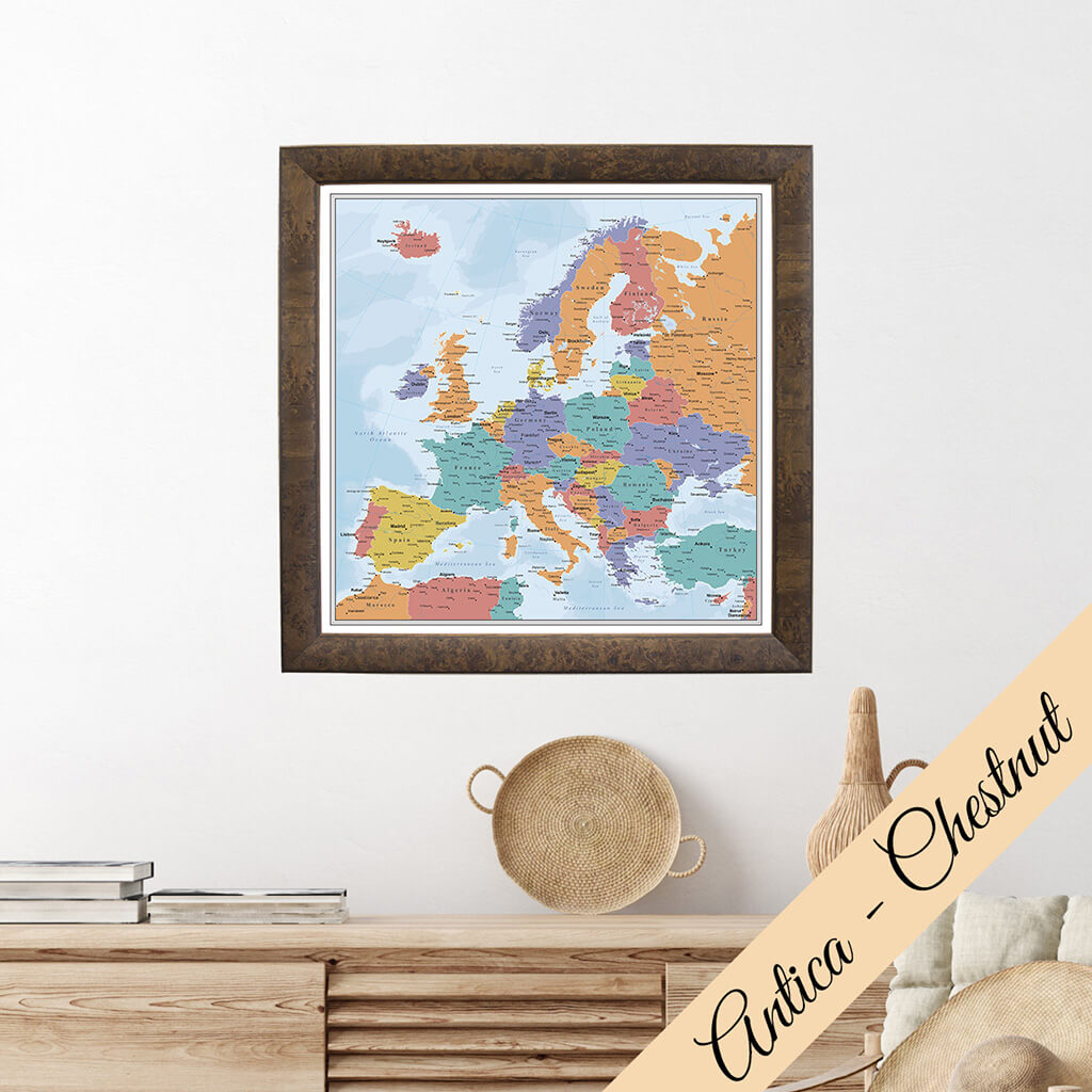 Canvas Blue Oceans Europe Travel Map - Premium Antica Chestnut Solid Wood Frame