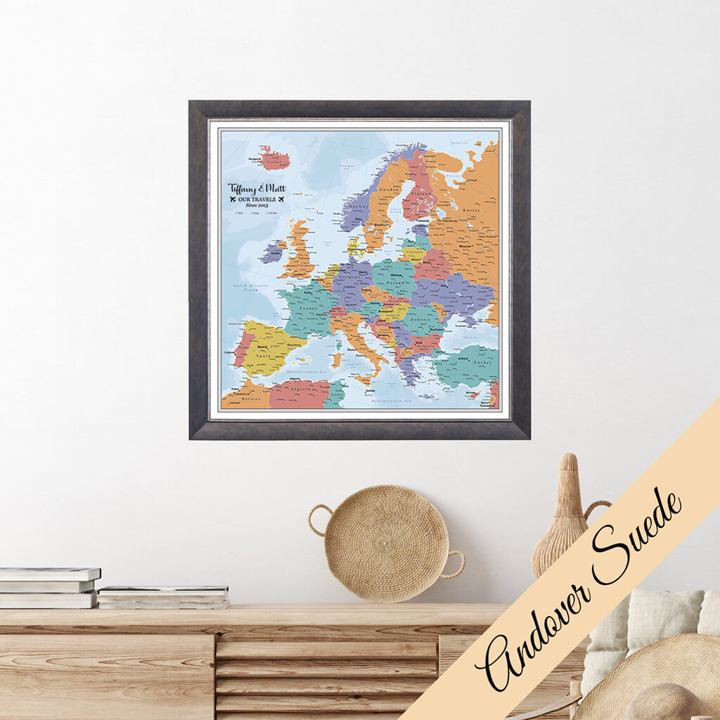 Canvas Blue Oceans Europe Travel Map - Premium Andover Suede Frame