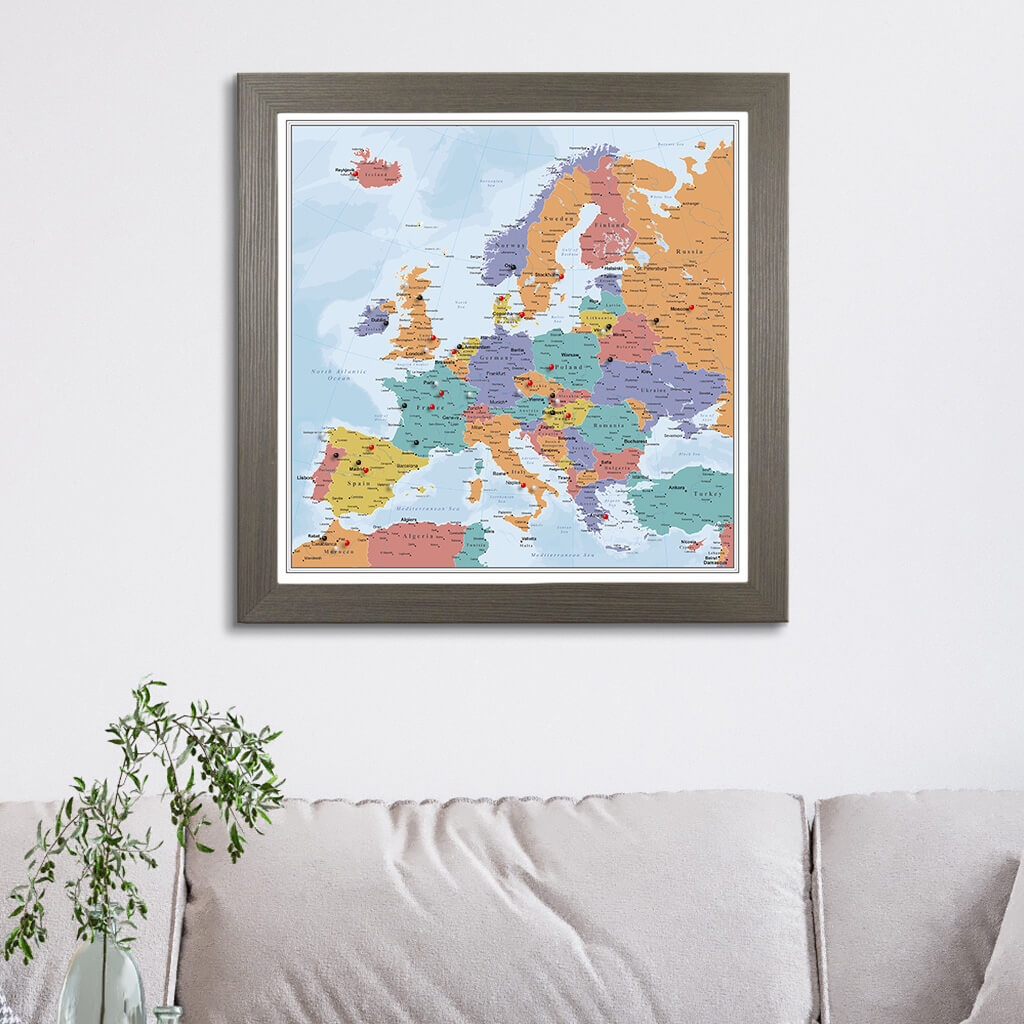 Blue Oceans Europe Travel Map in Barnwood Gray Frame