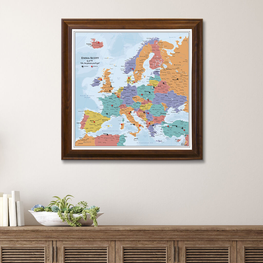 Canvas Blue Oceans Europe Travel Map - Brown Frame