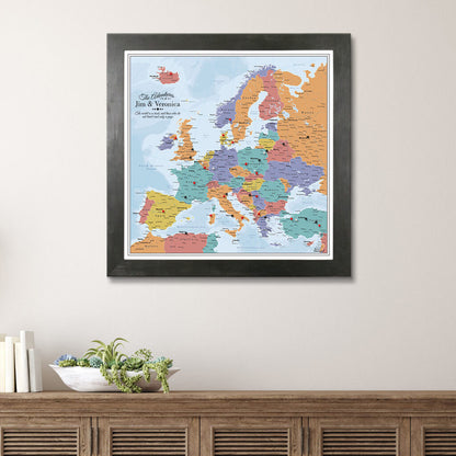 Canvas Blue Oceans Europe Travel Map - Rustic Black Frame