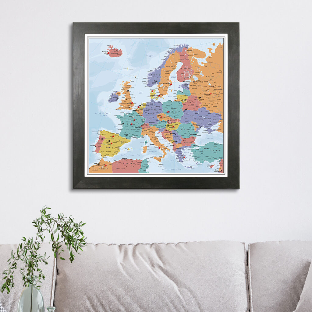 Blue Oceans Europe Travel Map in Rustic Black Frame