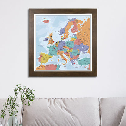 Blue Oceans Europe Travel Map in Rustic Brown Frame