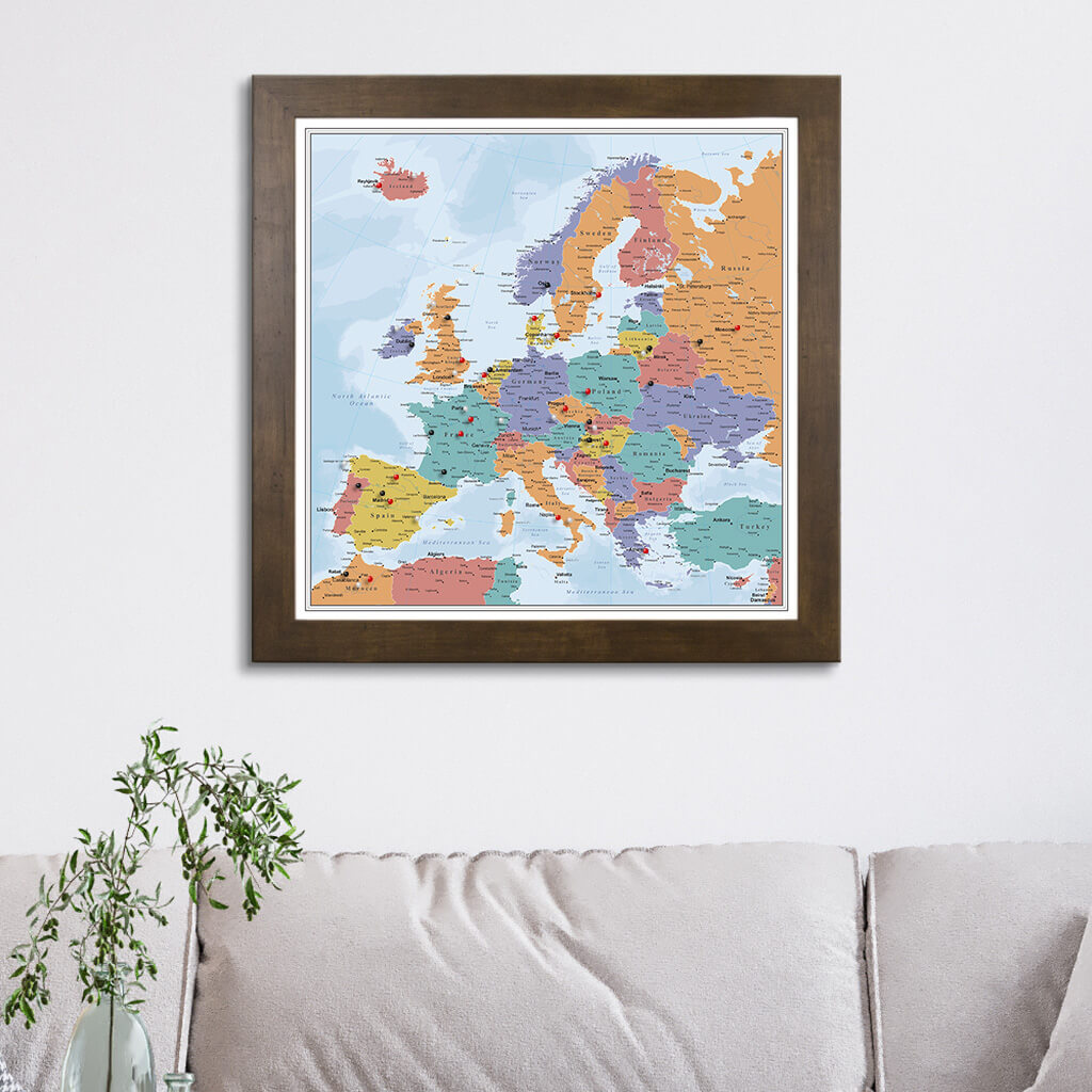 Blue Oceans Europe Travel Map in Rustic Brown Frame