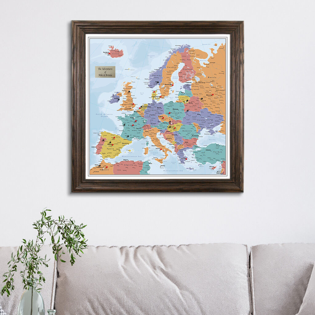Blue Oceans Europe Travel Map in Solid Wood Brown Frame