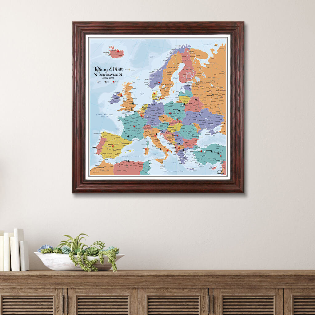 Canvas Blue Oceans Europe Travel Map - Solid Wood Cherry Frame