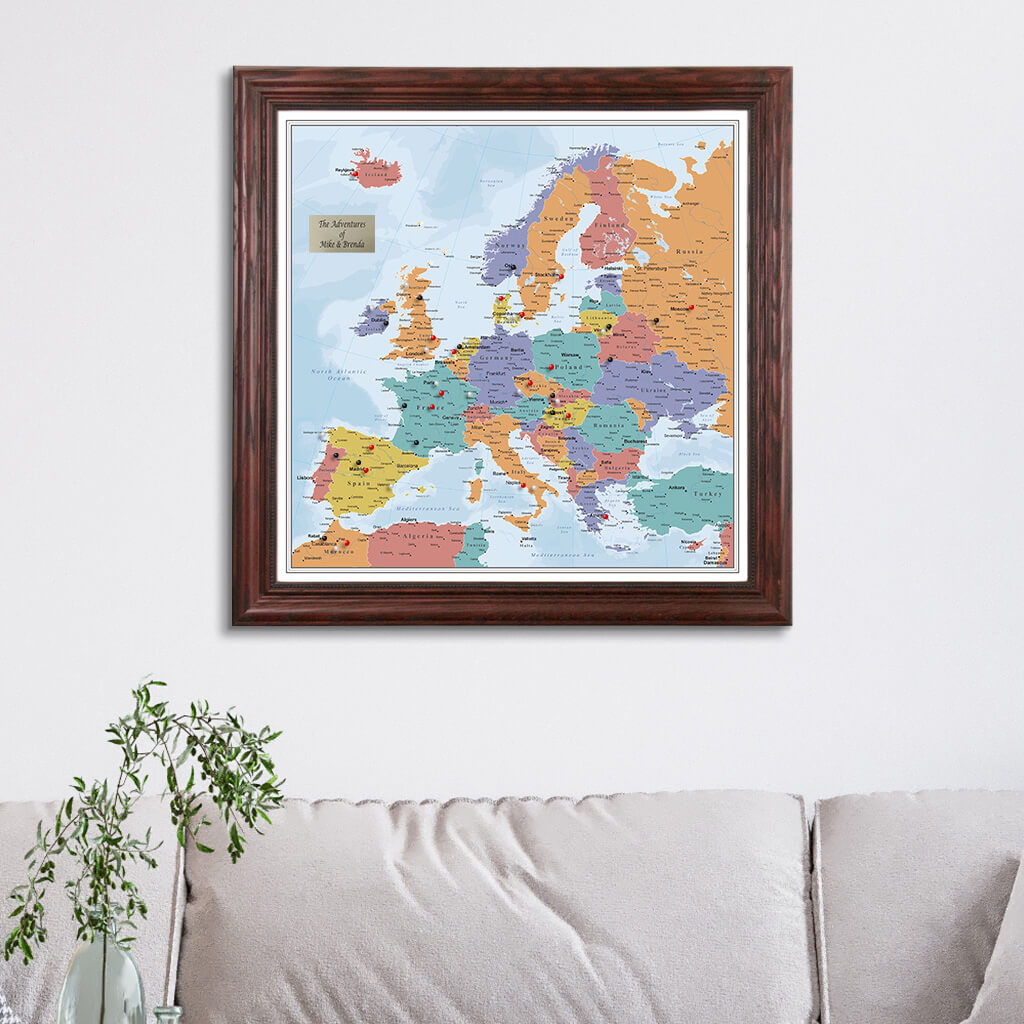 Blue Oceans Europe Travel Map in Solid Wood Cherry Frame