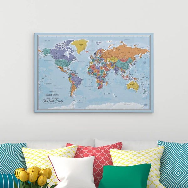 Gallery Wrapped - Blue Oceans World Travel Map with pins