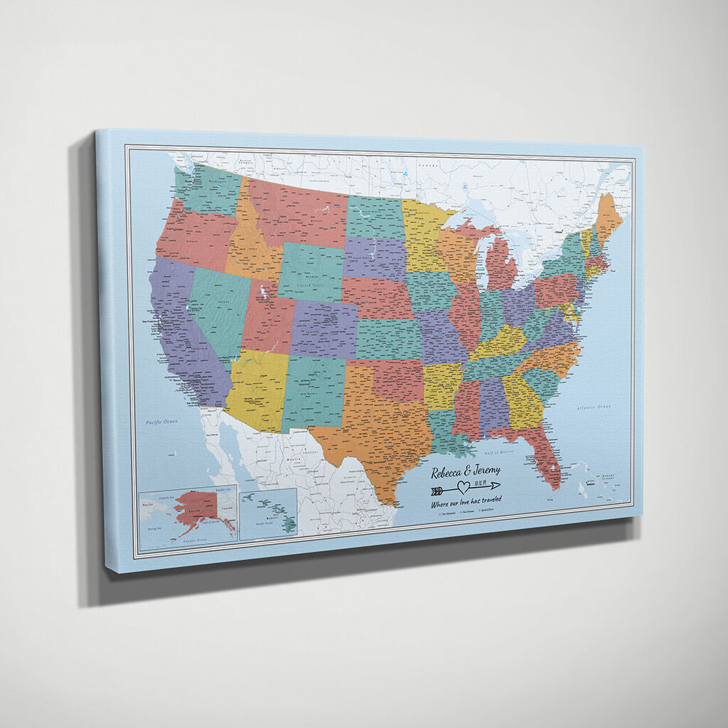 Gallery Wrapped Blue Oceans USA Travelers Map Side View