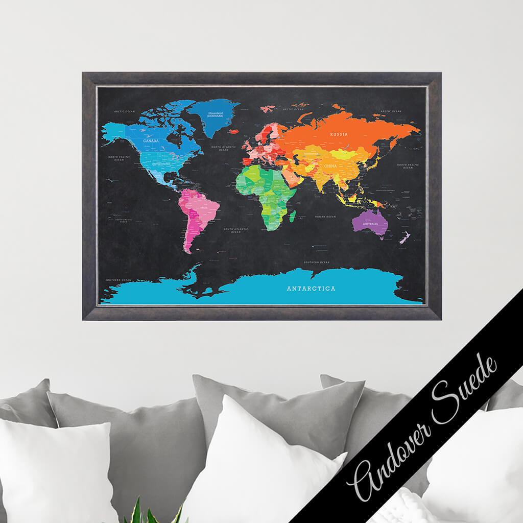 Framed Canvas Bright Night Push Pin Map - Premium Andover Suede Frame