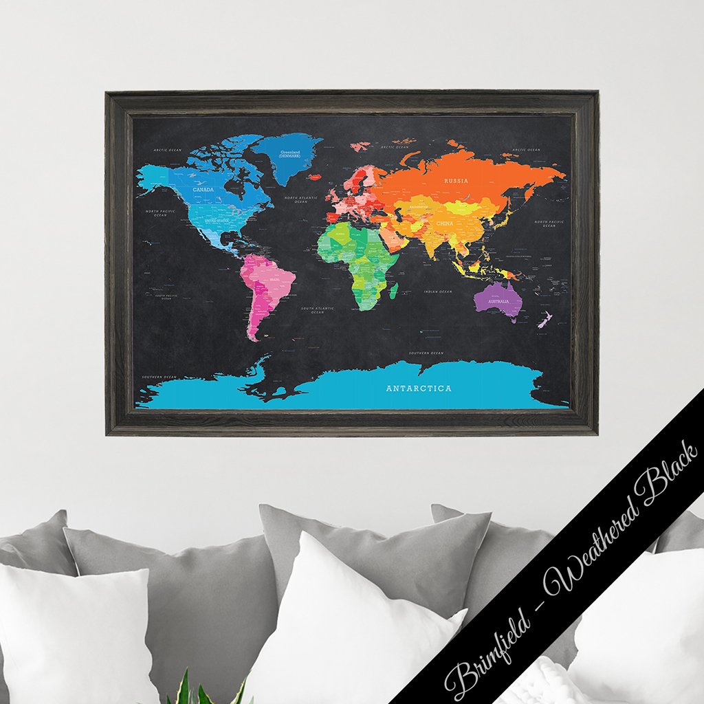 Framed Canvas Bright Night Push Pin Map - Premium Brimfield Black Frame