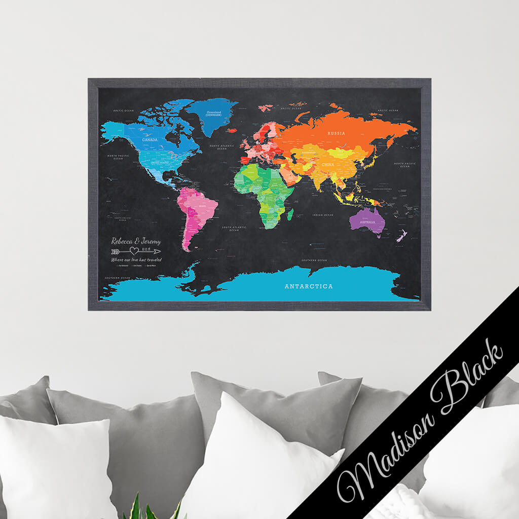 Framed Canvas Bright Night Push Pin Map - Premium Madison Black Frame