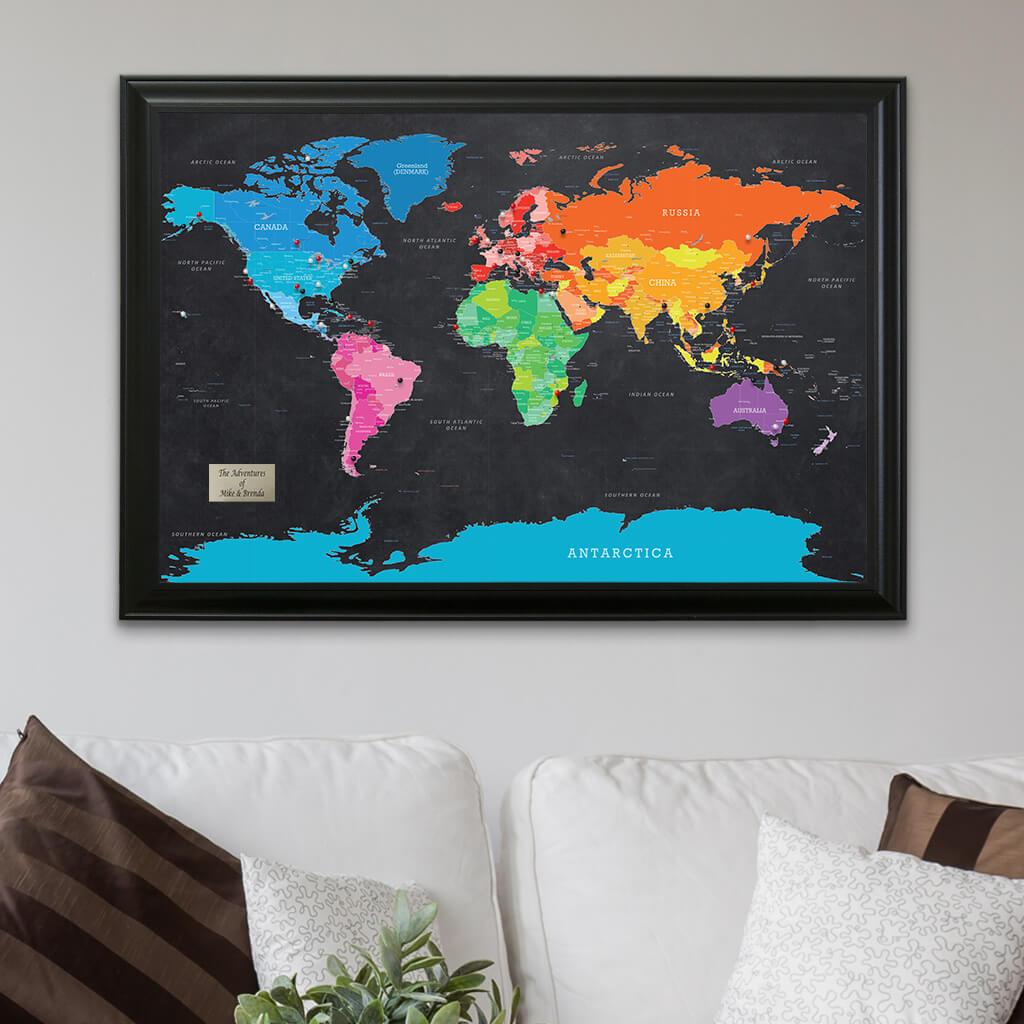 Bright Night World Travel Map in Black Frame