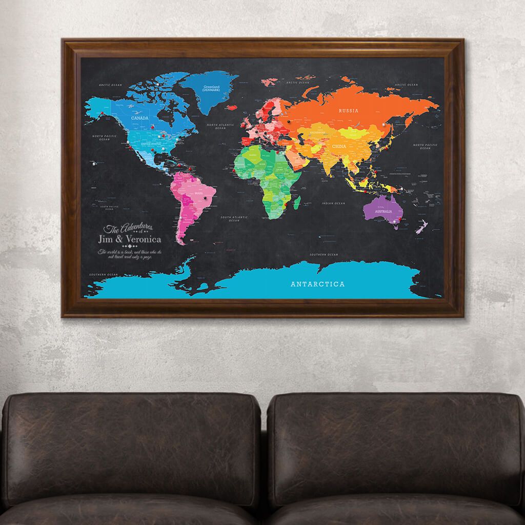 Framed Canvas Bright Night Push Pin Map Brown Frame