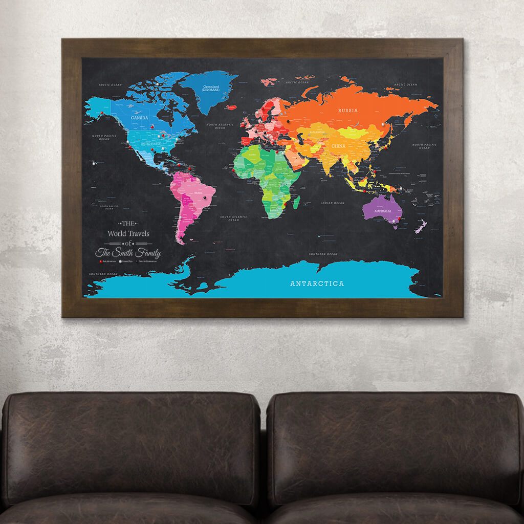 Framed Canvas Bright Night Push Pin Map Rustic Brown Frame