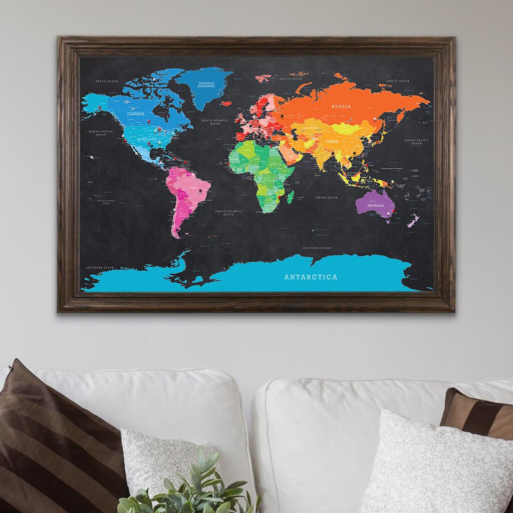 Bright Night World Travel Map in Solid Wood Brown Frame