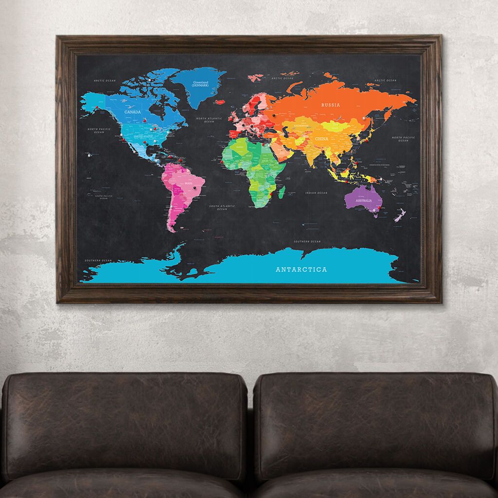 Framed Canvas Bright Night Push Pin Map Solid Wood Brown Frame