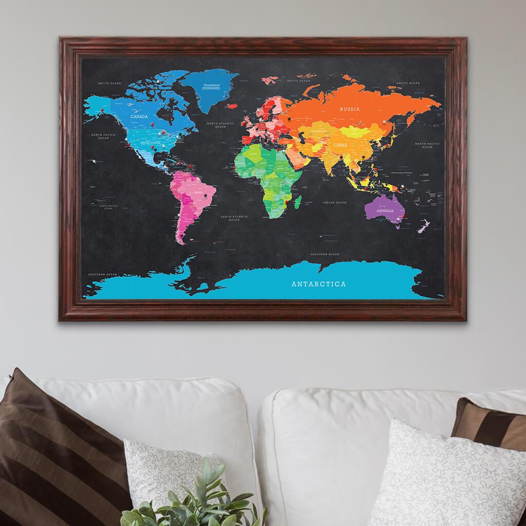 Bright Night World Travel Map in Solid Wood Cherry Frame