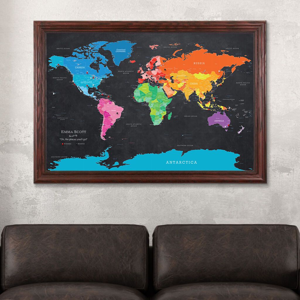Framed Canvas Bright Night Push Pin Map Solid Wood Cherry Frame