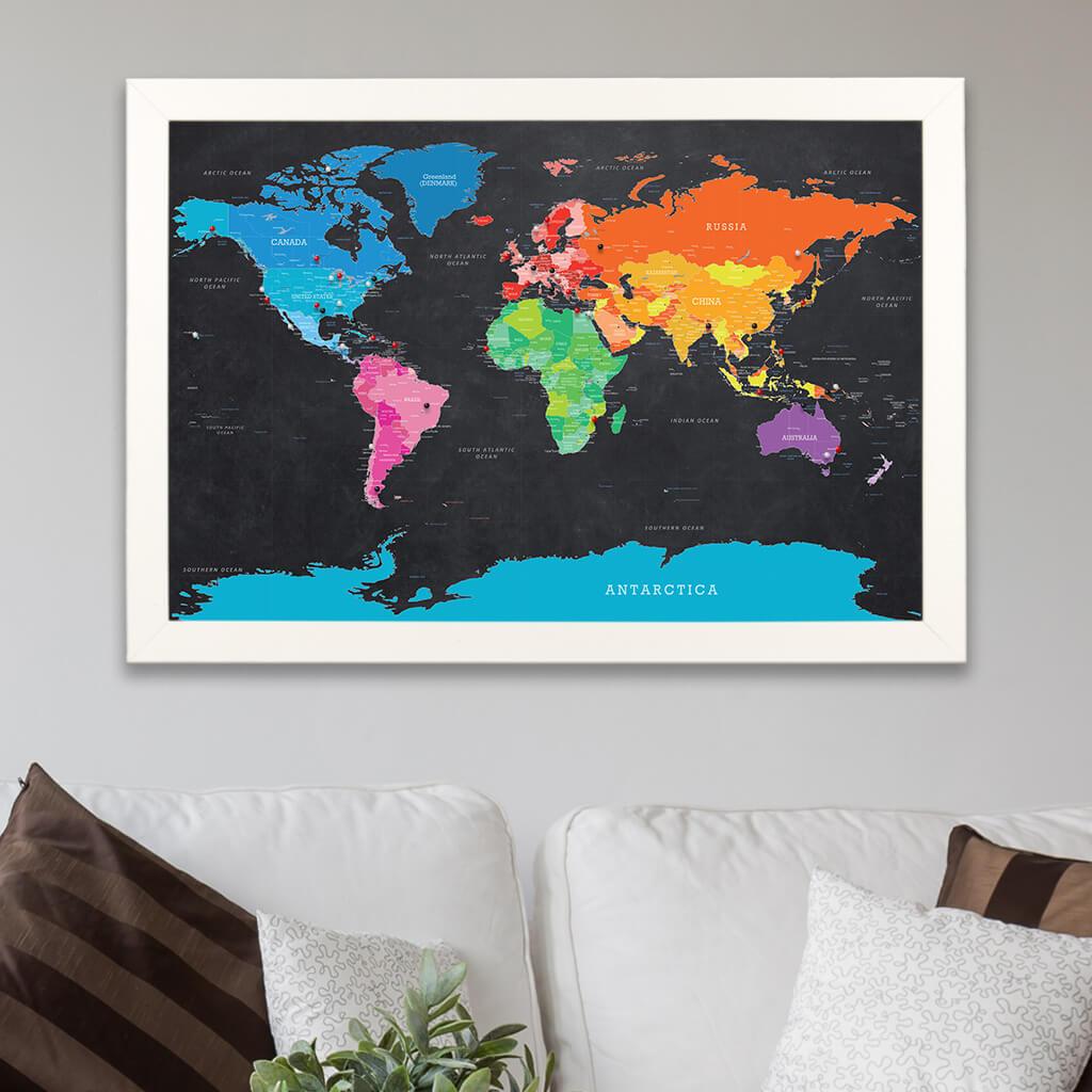 Bright Night World Travel Map in Textured White Frame