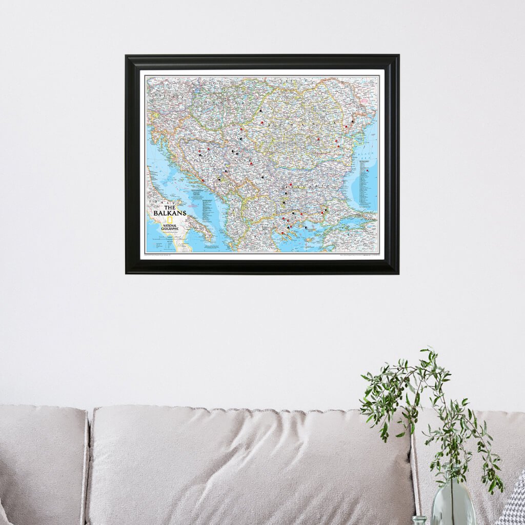 Classic Balkans Push Pin Travel Map with Black Frame