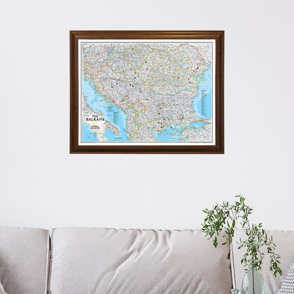 Classic Balkans Push Pin Travel Map with Brown Frame