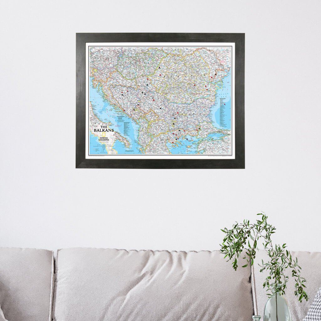 Classic Balkans Push Pin Travel Map with Rustic Black Frame