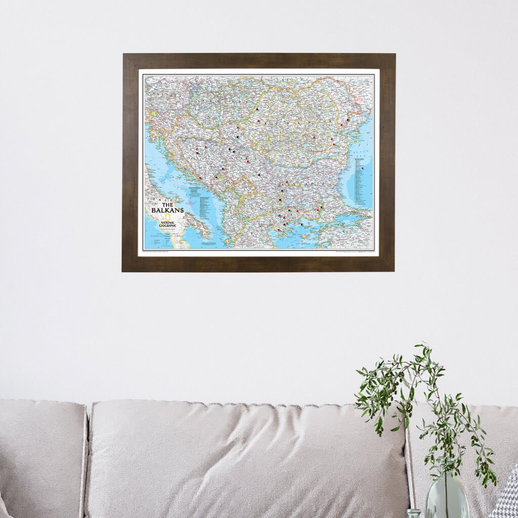 Classic Balkans Push Pin Travel Map with Rustic Brown Frame