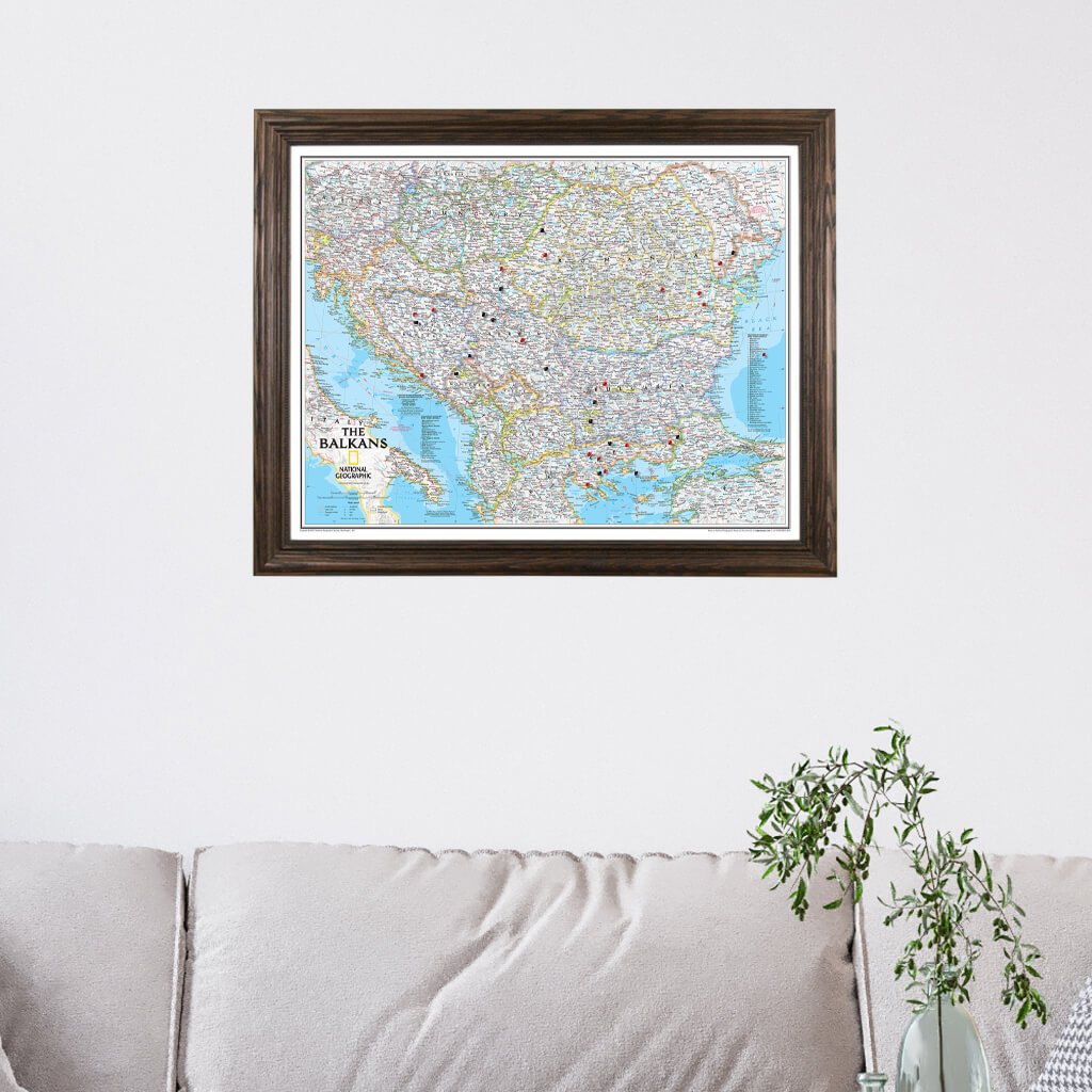 Classic Balkans Push Pin Travel Map with Solid Wood Brown Frame