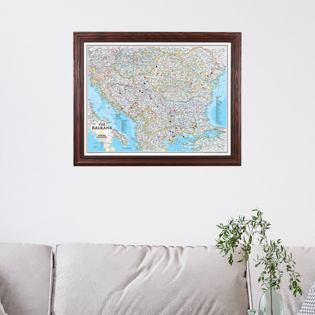 Classic Balkans Push Pin Travel Map with Solid Wood Cherry Frame