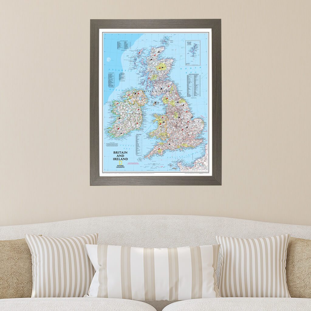 Classic Britain and Ireland Push Pin Map in Barnwood Gray Frame